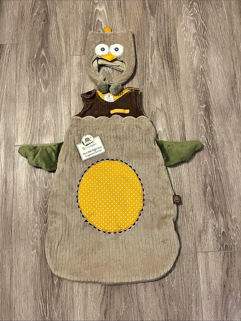 baby aspen My Little Night Owl Snuggle Sack Gift Set Brown & Yellow NWT
